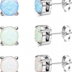 3 Pair Stud Earrings Set For Womens Teens Opal Birthstone Earrings For Sensitive Ears Round Gemstone Ear Stud Gift 4mm 6mm 8mm